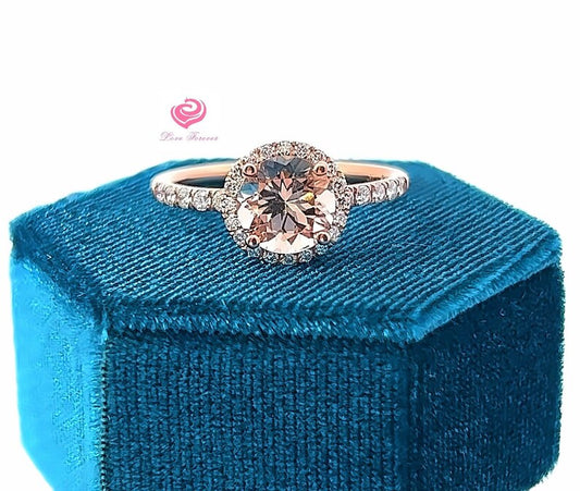 14k Rose Gold Engagement Ring Morganite Ring Diamond Ring 8mm/1.62 Carats Round Cut Morganite Halo Diamond Wedding Ring Anniversary Ring