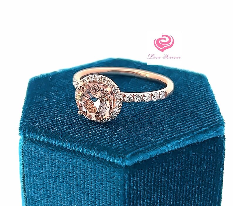 14k Rose Gold Engagement Ring Morganite Ring Diamond Ring 8mm/1.62 Carats Round Cut Morganite Halo Diamond Wedding Ring Anniversary Ring