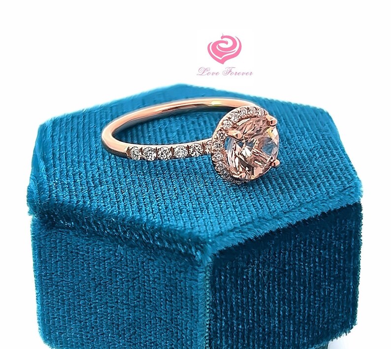 14k Rose Gold Engagement Ring Morganite Ring Diamond Ring 8mm/1.62 Carats Round Cut Morganite Halo Diamond Wedding Ring Anniversary Ring