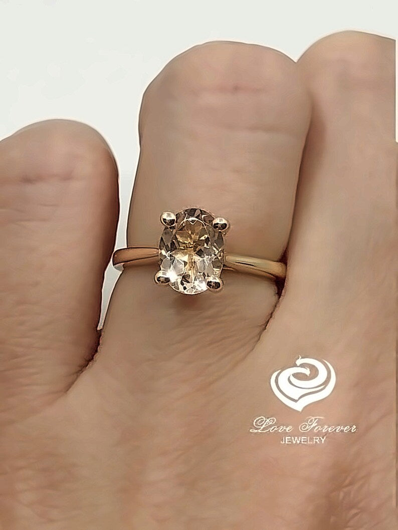 Oval Cut Engagement Ring 14k Yellow Gold, Oval Solitaire Ring, Morganite Engagement Ring, Oval Cut Ring, Solitaire Anniversary Ring