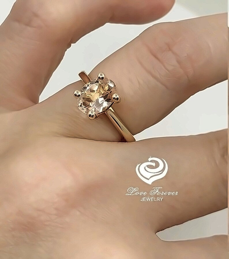 Oval Cut Engagement Ring 14k Yellow Gold, Oval Solitaire Ring, Morganite Engagement Ring, Oval Cut Ring, Solitaire Anniversary Ring