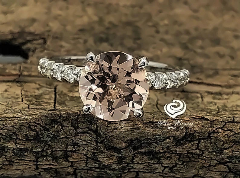 Engagement Ring 14k White Gold Morganite Ring Diamond Ring 8mm/1.70 Carats Round Cut Morganite Diamond Wedding Ring