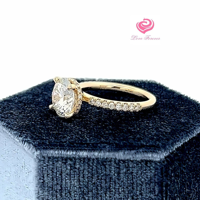 2 Carats IGI Certified E Color VS1 in Clarity Round Cut Lab Grown Diamond Hidden Halo Engagement Ring, 14k Yellow Gold Hidden Halo Engagement Ring