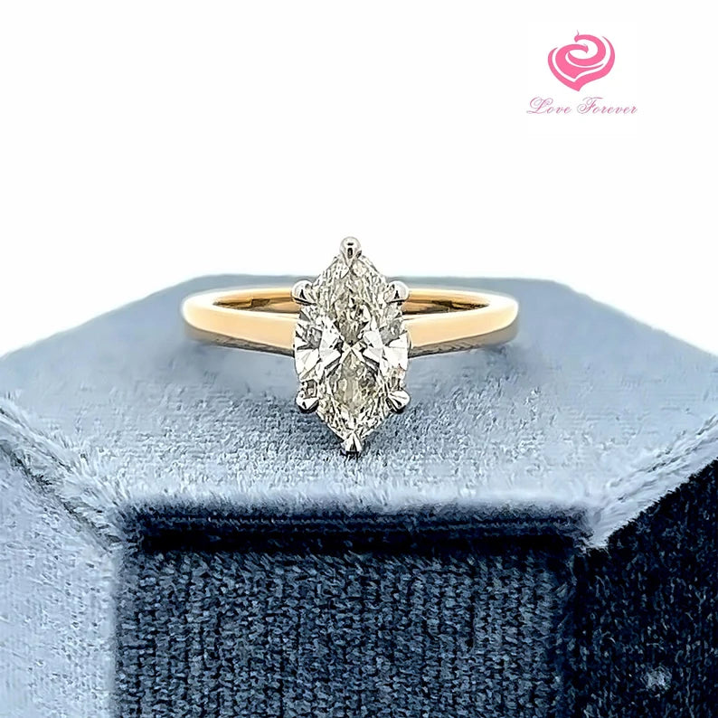 Marquise Lab Grown Diamond Engagement Ring 14k Two Tone, Lab Grown Diamond Solitaire Engagement Ring, Diamond Hidden Halo Engagement Ring