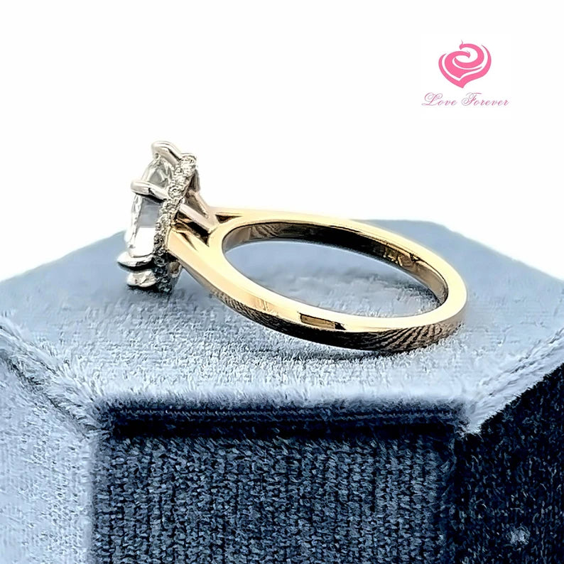 Marquise Lab Grown Diamond Engagement Ring 14k Two Tone, Lab Grown Diamond Solitaire Engagement Ring, Diamond Hidden Halo Engagement Ring