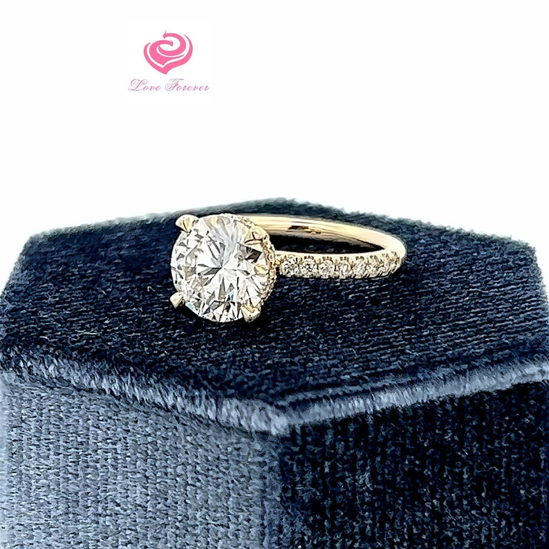 2 Carats IGI Certified E Color VS1 in Clarity Round Cut Lab Grown Diamond Hidden Halo Engagement Ring, 14k Yellow Gold Hidden Halo Engagement Ring