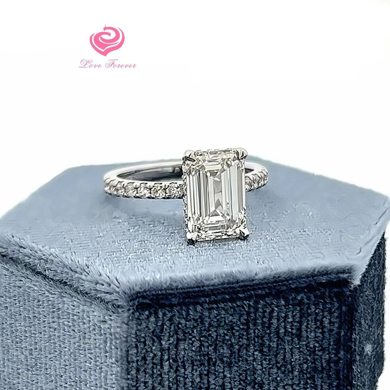 3 Carats Emerald Cut Lab Grown Diamond 14k White Gold Engagement Ring, Lab Grown Diamond Hidden Halo Engagement Ring, Anniversary Ring