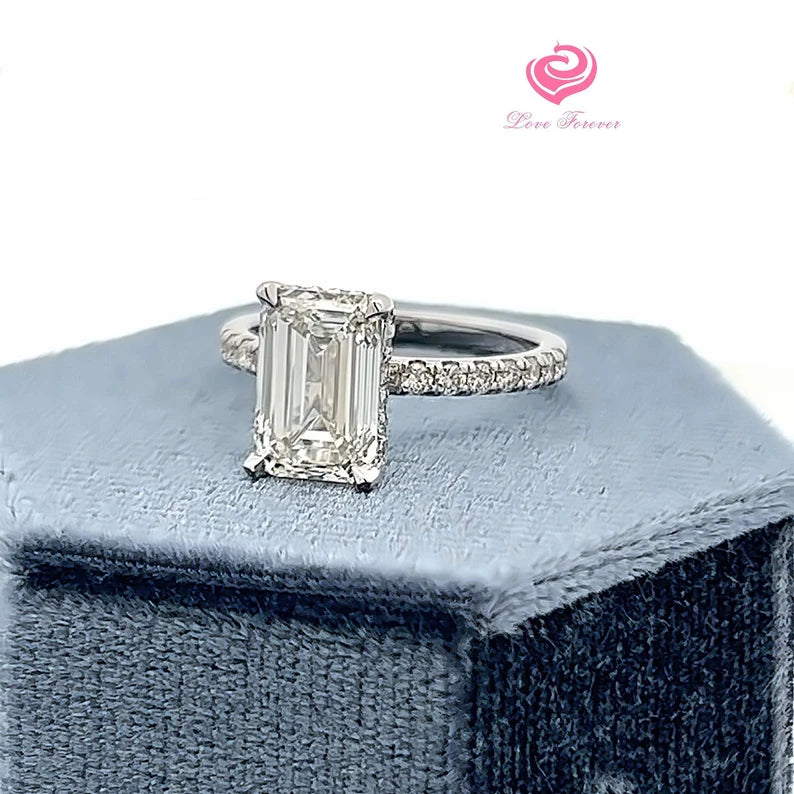 3 Carats Emerald Cut Lab Grown Diamond 14k White Gold Engagement Ring, Lab Grown Diamond Hidden Halo Engagement Ring, Anniversary Ring