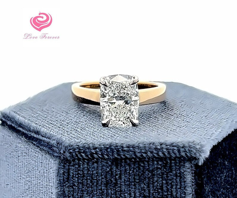 2.8 CT GIA Certified D Color VS1 Elongated Cushion Lab Grown Diamond Ring, Two Tone 14k Gold Lab Grown Diamond Solitaire Engagement Ring