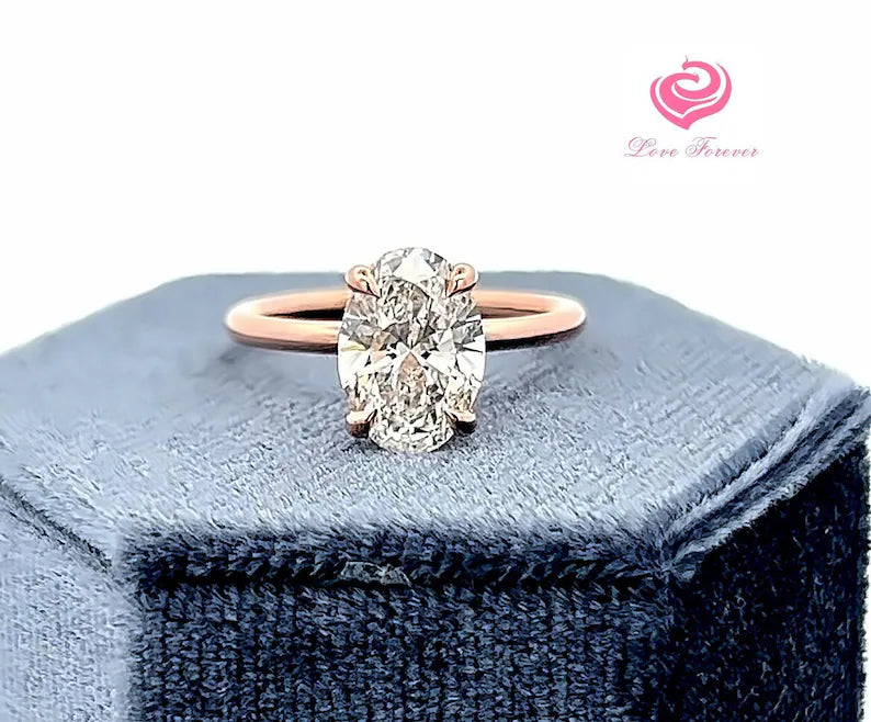 2 Carats E Color VS1 Clarity Lab Grown Diamond Engagement Ring, 14k Rose Gold Hidden Halo Diamond Ring, Diamond Solitaire Engagement Ring