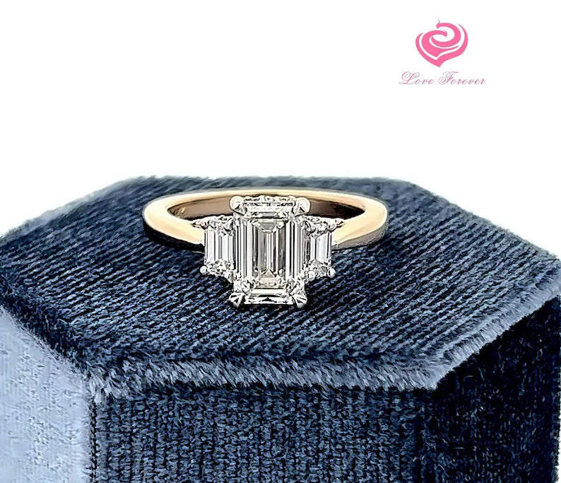 Emerald Cut Lab Grown Diamond Engagement Ring, Three Stones Emerald Cut Lab Grown Diamond Two Tone 14k Gold Engagement Ring,Hidden Halo Ring