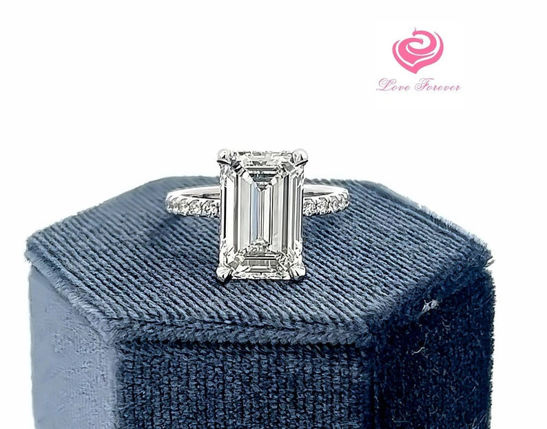 5.50 Carats E Color VS1 Clarity IGI Certified Emerald Cut Lab Grown Diamond Engagement Ring Hidden Halo in 14k White Gold