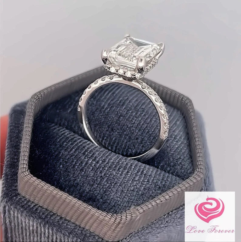 5.50 Carats E Color VS1 Clarity IGI Certified Emerald Cut Lab Grown Diamond Engagement Ring Hidden Halo in 14k White Gold