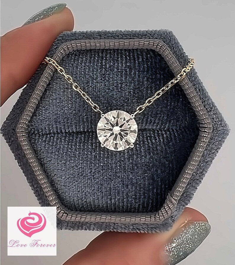 2 Carats Round Cut E Color VS1 Lab Grown Diamond Necklace, Two Tone Lab Grown Diamond Necklace, Round Cut Pendant 4 Prongs Basket Necklace