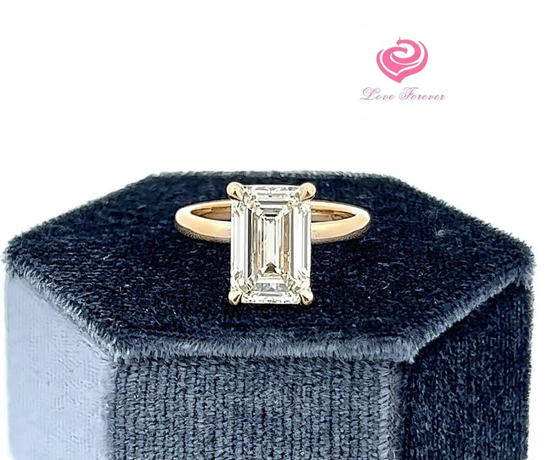 3 Carats IGI Certified F Color VS1 Clarity Emerald Cut Lab Grown Diamond Engagement Ring, 14k Yellow Gold Emerald Diamond Solitaire Ring