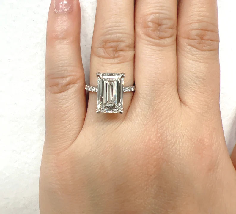 5.50 Carats E Color VS1 Clarity IGI Certified Emerald Cut Lab Grown Diamond Engagement Ring Hidden Halo in 14k White Gold