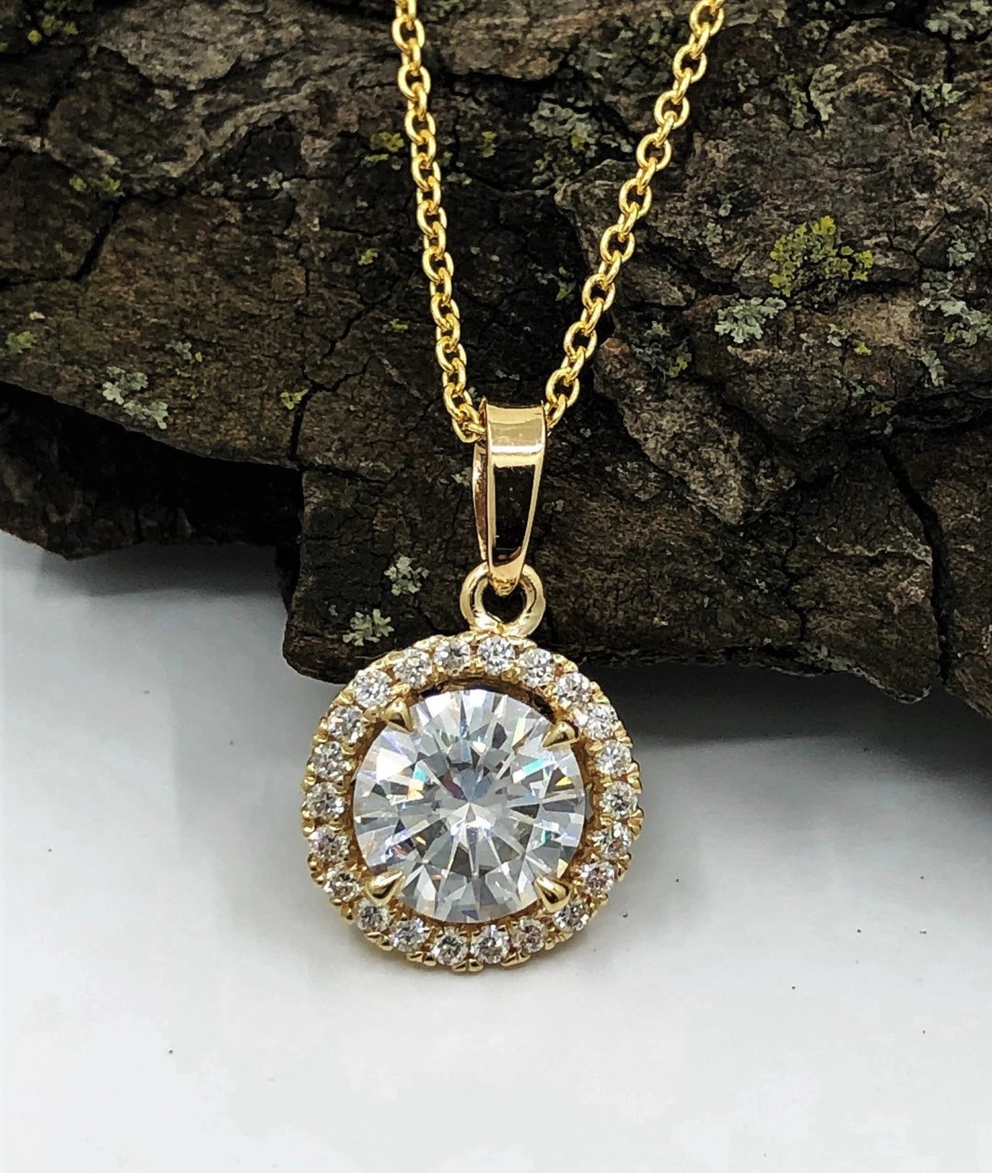 14k Gold Pendant Necklace with 16 or 18 inch Chain 7mm/1.25 Carats Round Cut Forever One G-H Color Moissanite Diamond Halo Design