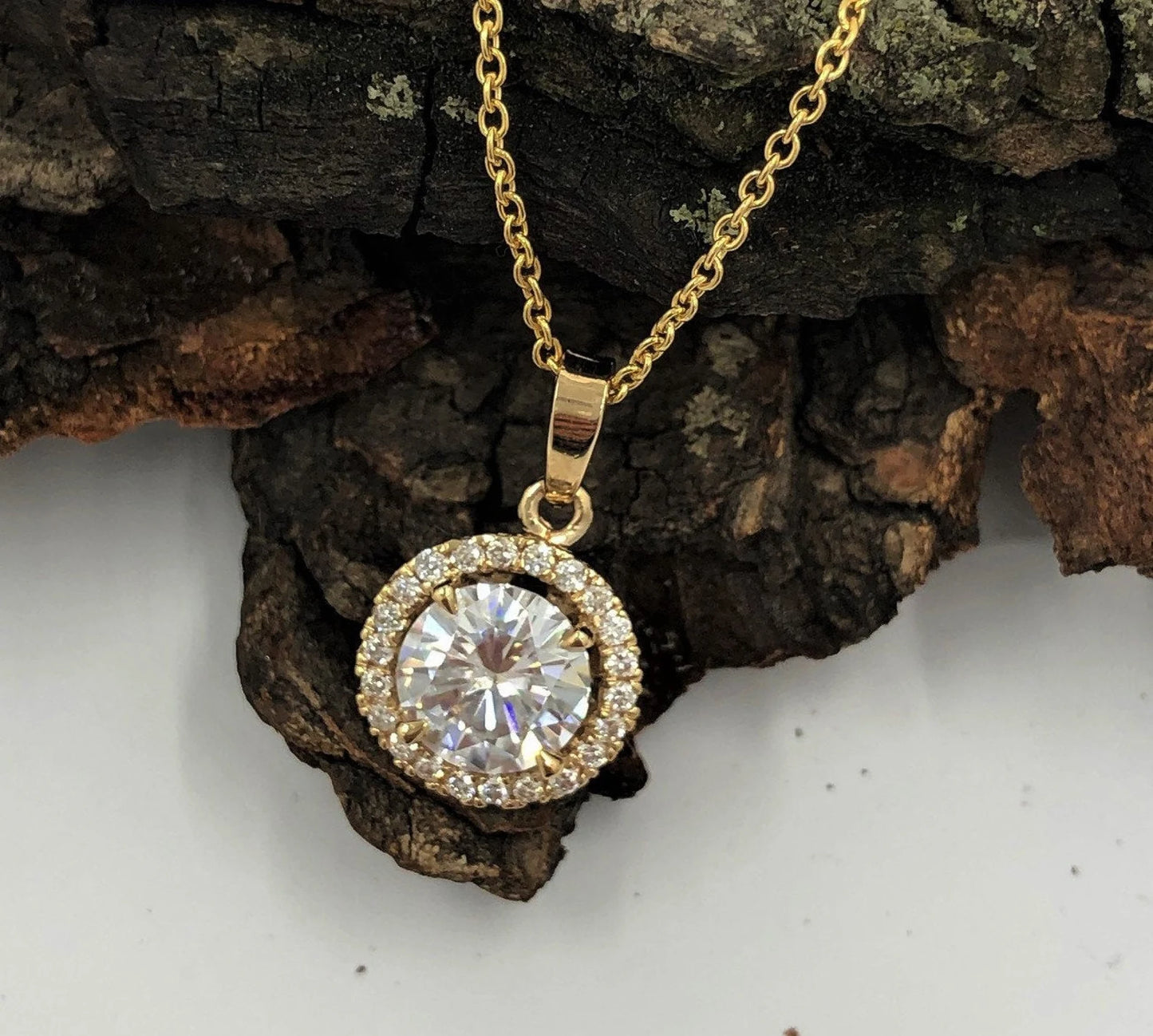 14k Gold Pendant Necklace with 16 or 18 inch Chain 7mm/1.25 Carats Round Cut Forever One G-H Color Moissanite Diamond Halo Design