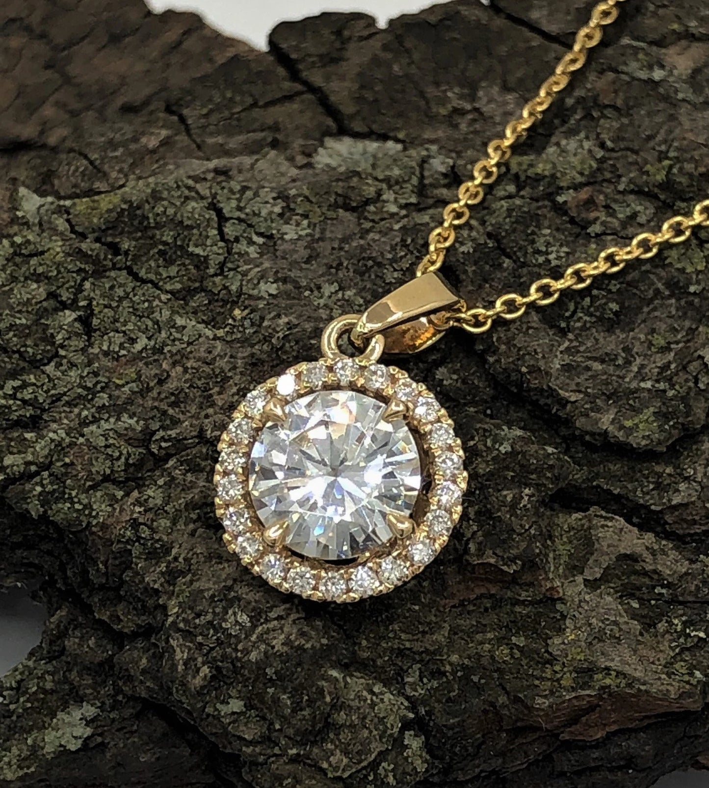 14k Gold Pendant Necklace with 16 or 18 inch Chain 7mm/1.25 Carats Round Cut Forever One G-H Color Moissanite Diamond Halo Design