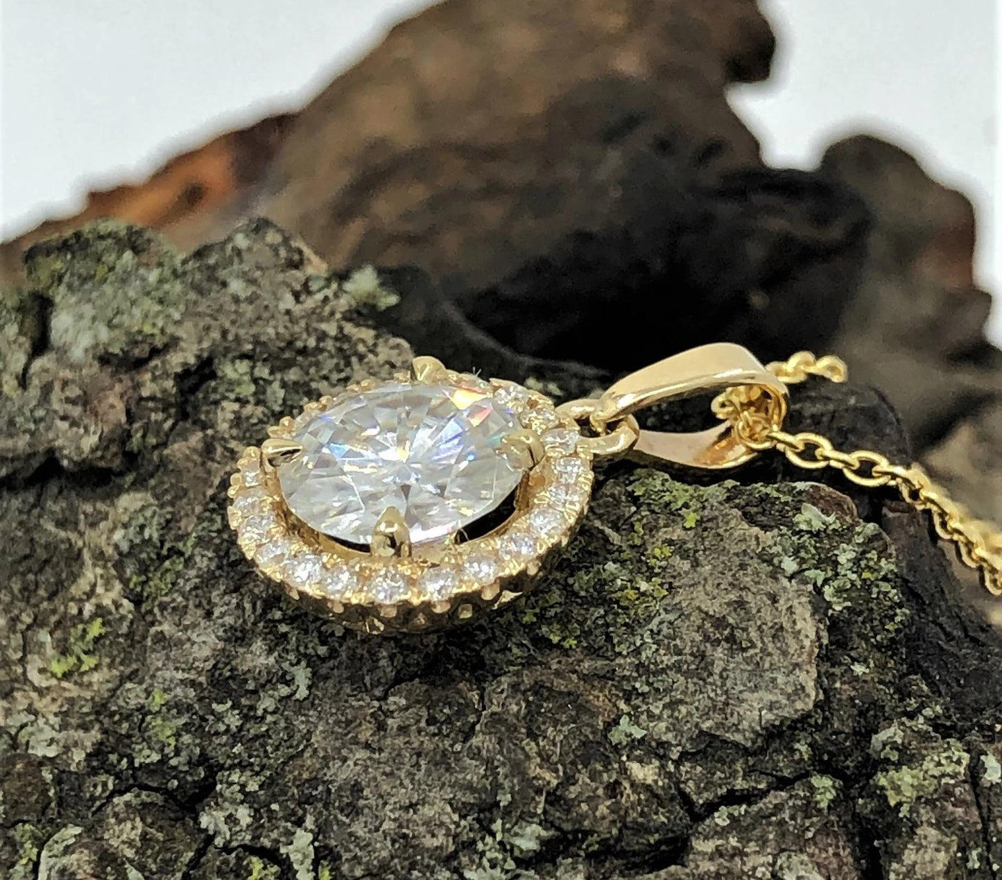 14k Gold Pendant Necklace with 16 or 18 inch Chain 7mm/1.25 Carats Round Cut Forever One G-H Color Moissanite Diamond Halo Design