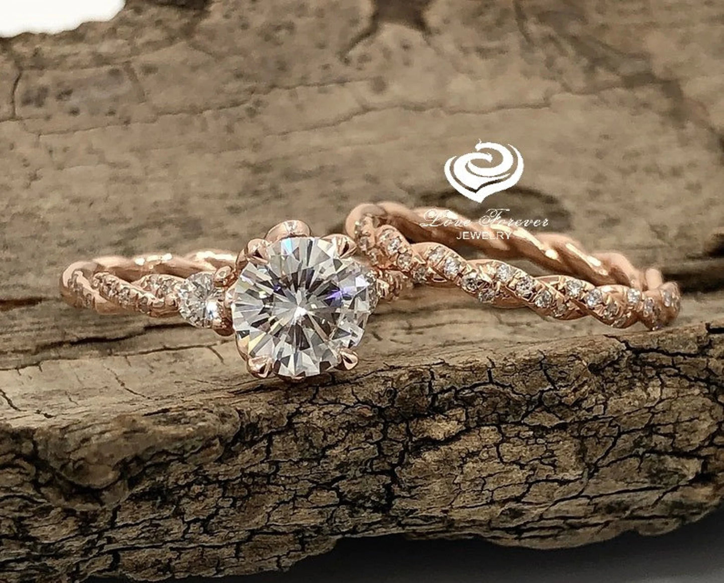 Rose Gold Wedding Set in 14k, Moissanite Ring Set, Forever One Moissanite solitaire Engagement Ring Set