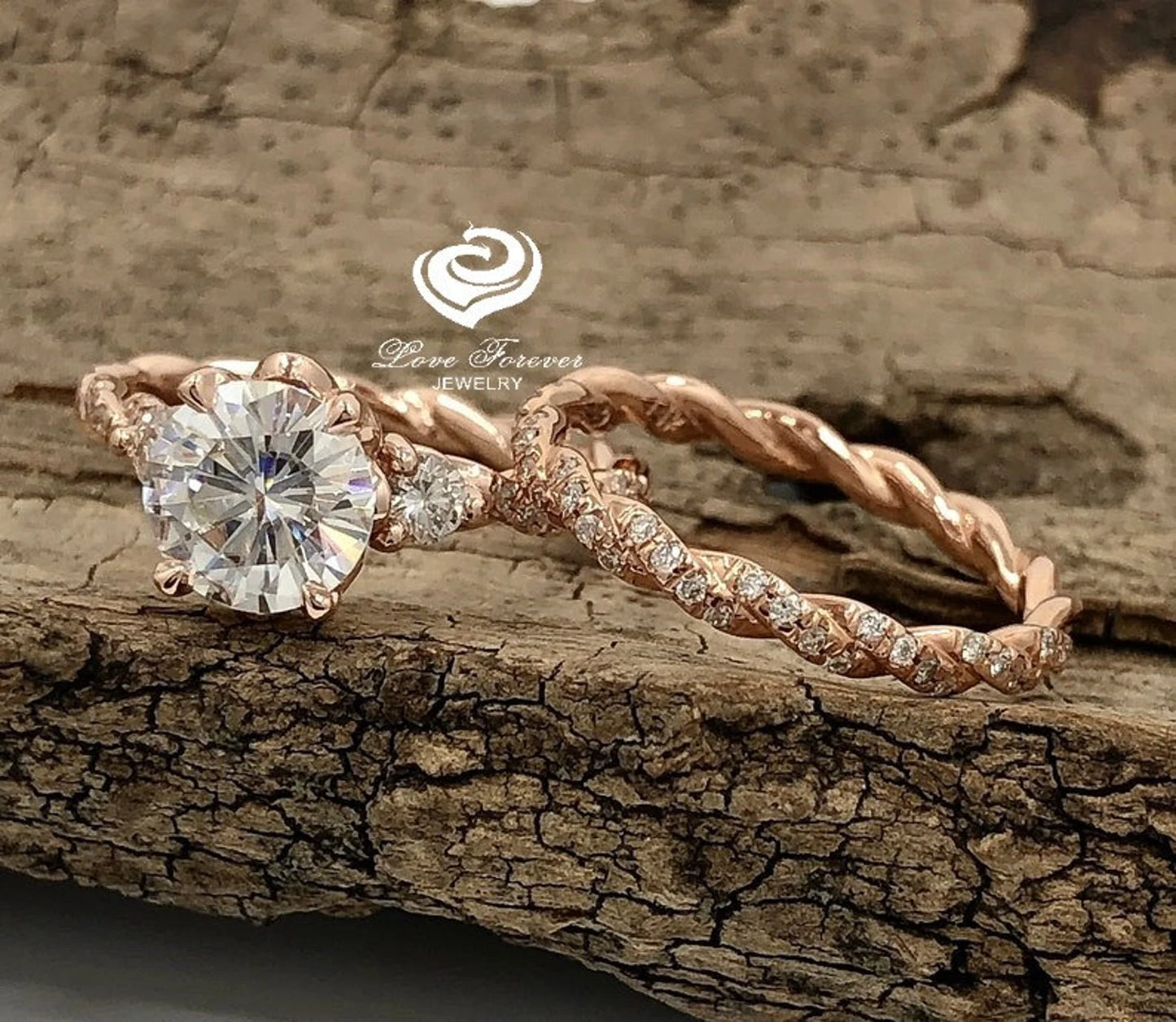 Rose Gold Wedding Set in 14k, Moissanite Ring Set, Forever One Moissanite solitaire Engagement Ring Set