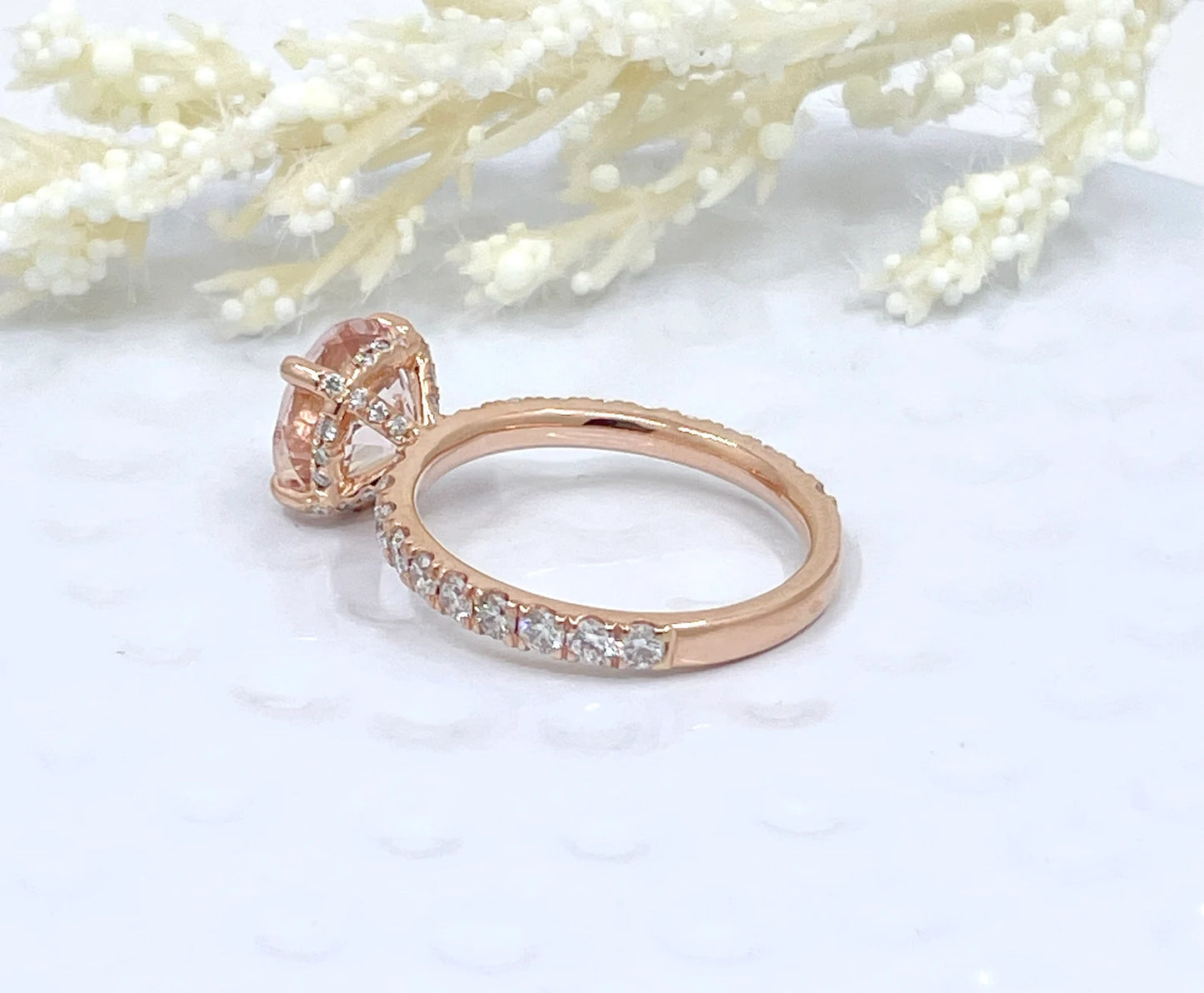 14k Rose Gold Diamond Ring Engagement Ring Morganite Ring 9mm/2.65 Carats Round Cut Morganite Scarf Hidden Pave Halo Diamond Wedding Ring