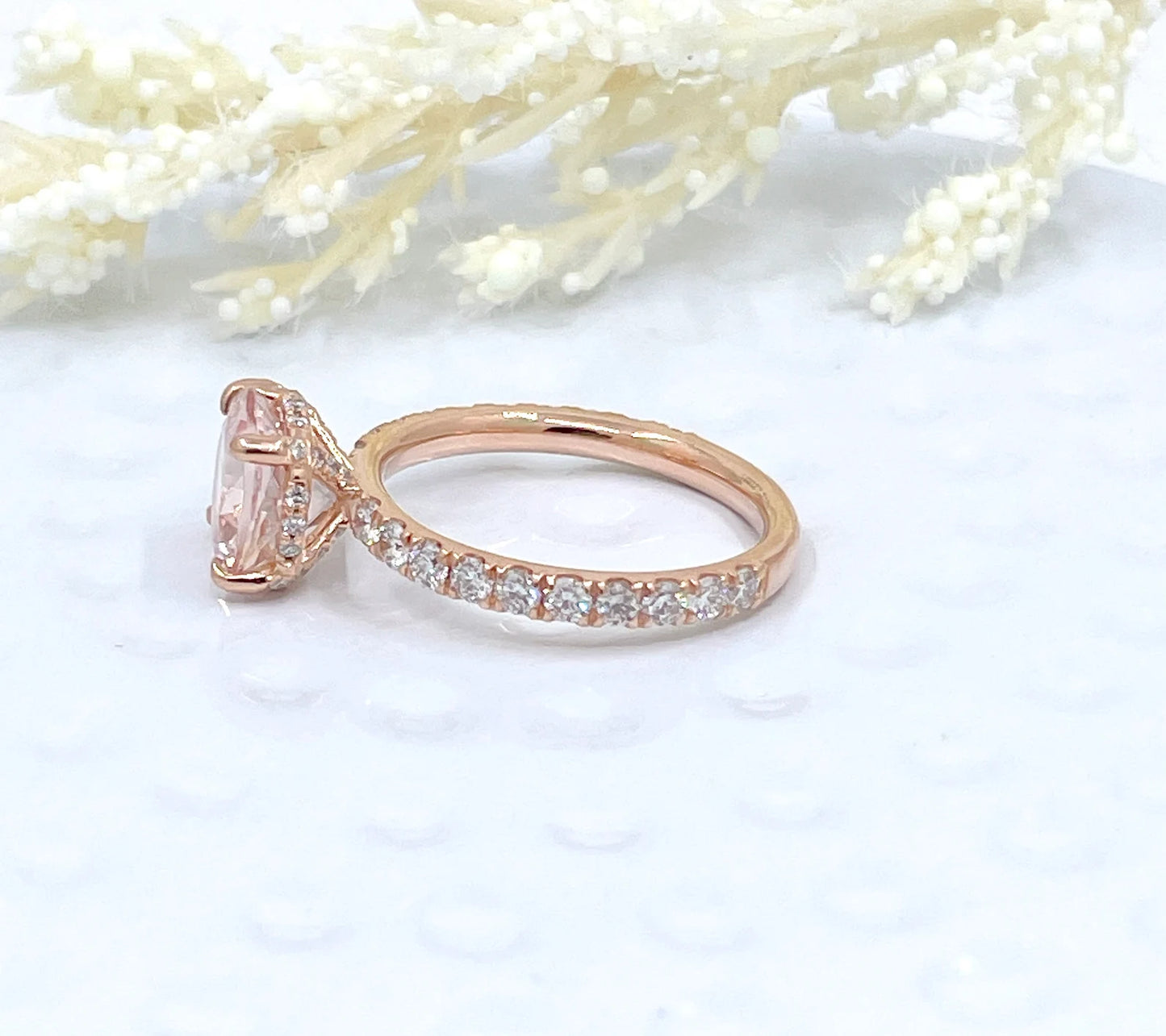 14k Rose Gold Diamond Ring Engagement Ring Morganite Ring 9mm/2.65 Carats Round Cut Morganite Scarf Hidden Pave Halo Diamond Wedding Ring