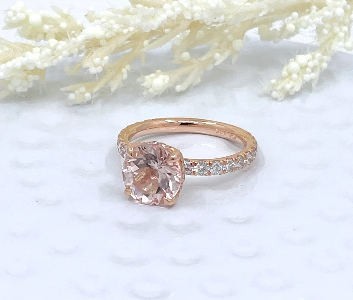 14k Rose Gold Diamond Ring Engagement Ring Morganite Ring 9mm/2.65 Carats Round Cut Morganite Scarf Hidden Pave Halo Diamond Wedding Ring