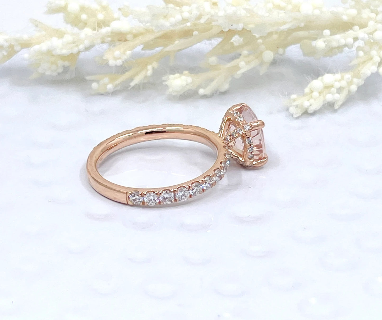 14k Rose Gold Diamond Ring Engagement Ring Morganite Ring 9mm/2.65 Carats Round Cut Morganite Scarf Hidden Pave Halo Diamond Wedding Ring