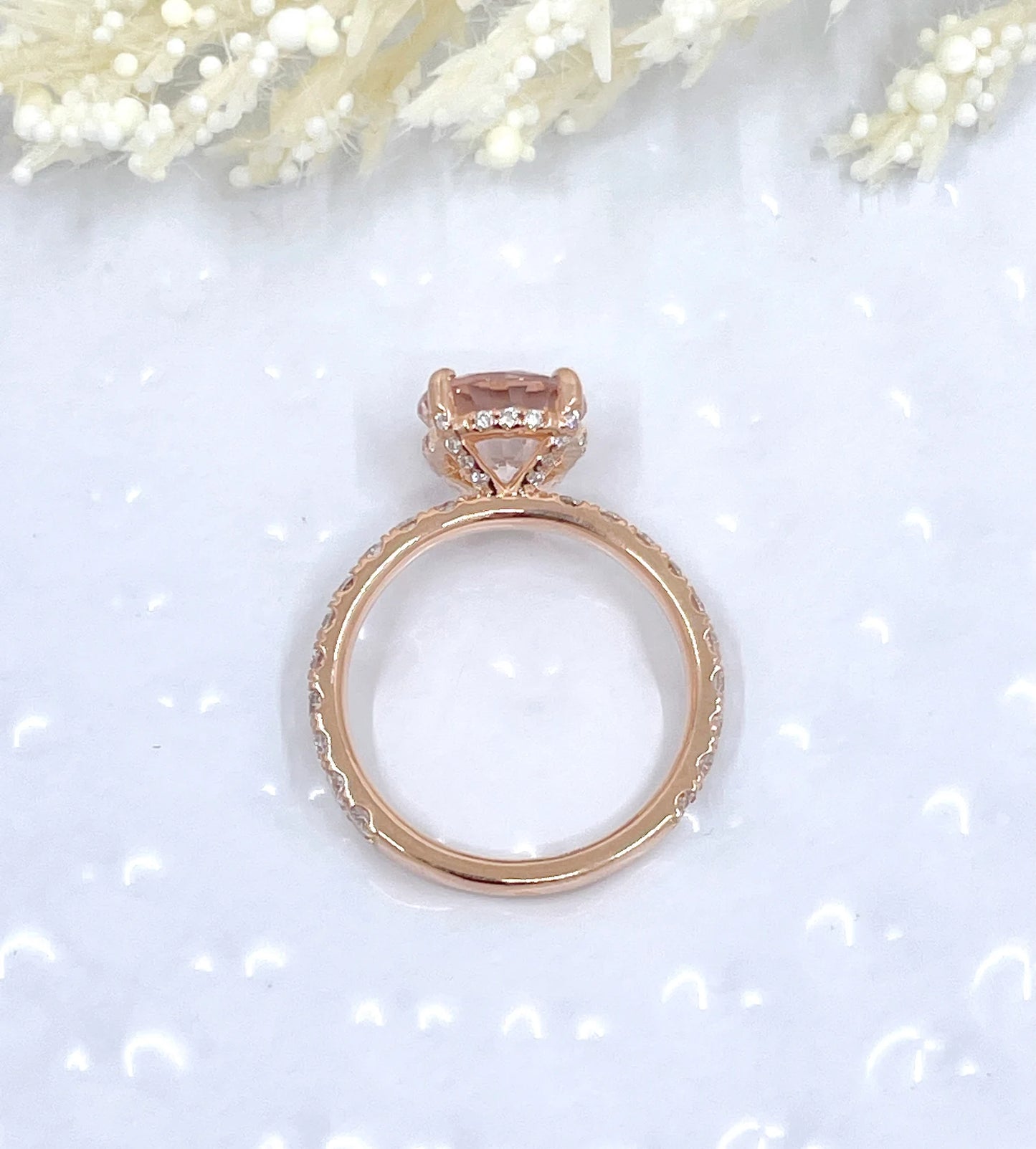 14k Rose Gold Diamond Ring Engagement Ring Morganite Ring 9mm/2.65 Carats Round Cut Morganite Scarf Hidden Pave Halo Diamond Wedding Ring