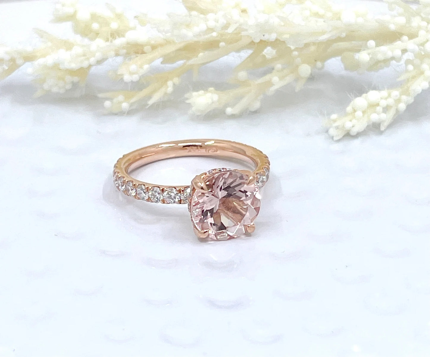 14k Rose Gold Diamond Ring Engagement Ring Morganite Ring 9mm/2.65 Carats Round Cut Morganite Scarf Hidden Pave Halo Diamond Wedding Ring