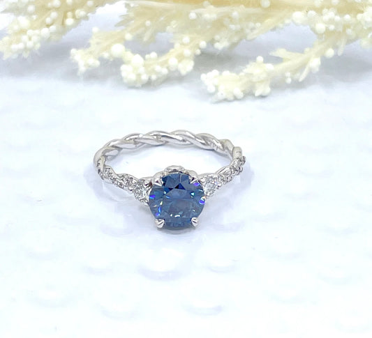 1.25 CT Round Cut Engagement Ring in 14k White Gold, Vivid Blue Moissanite Ring, Diamond Solitaire Ring, Anniversary Ring