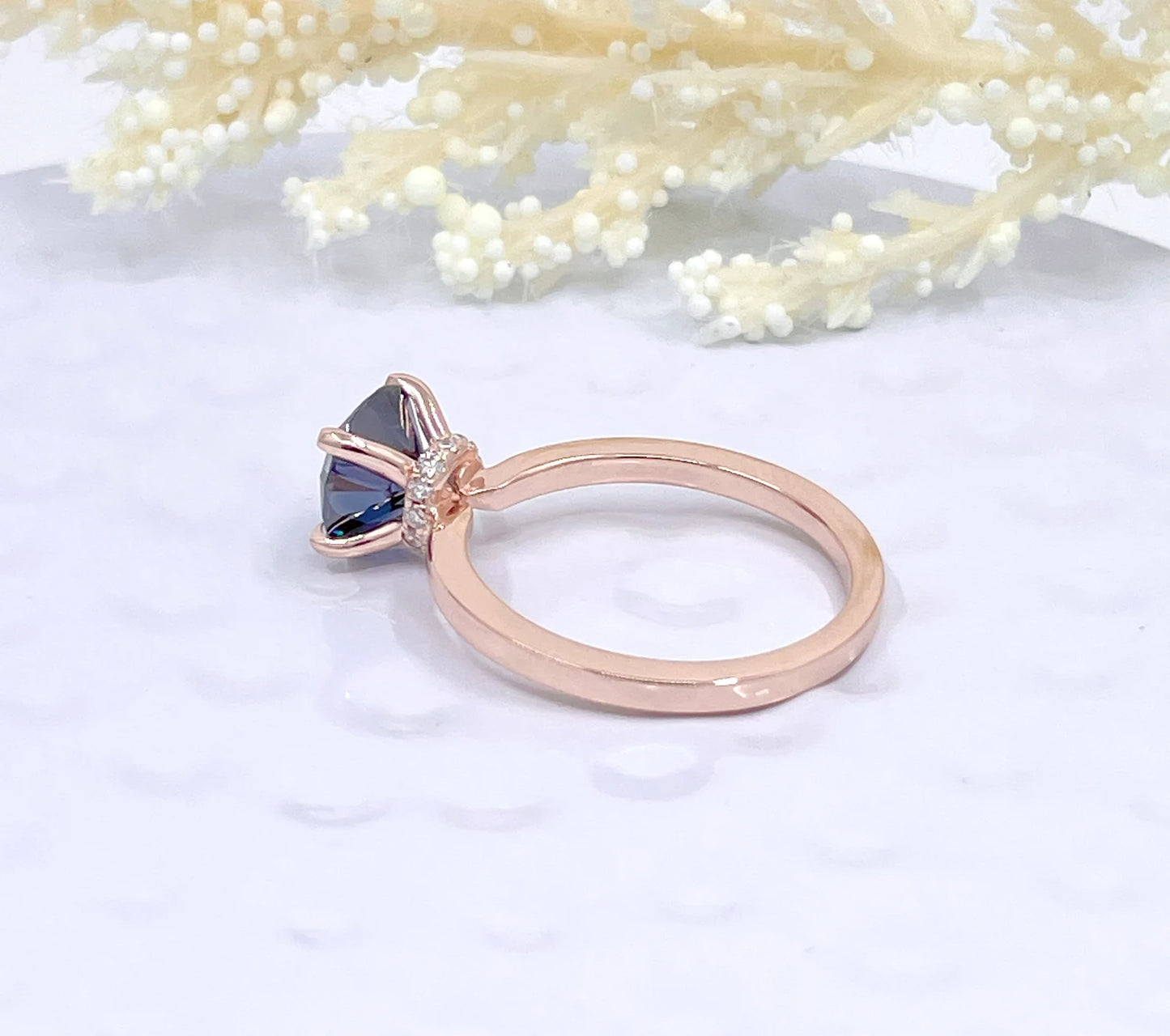 2 CT Round Cut Engagement Ring in 14k Rose Gold, Vivid Blue Moissanite Engagement Ring, Hidden Diamond Halo Solitaire Ring