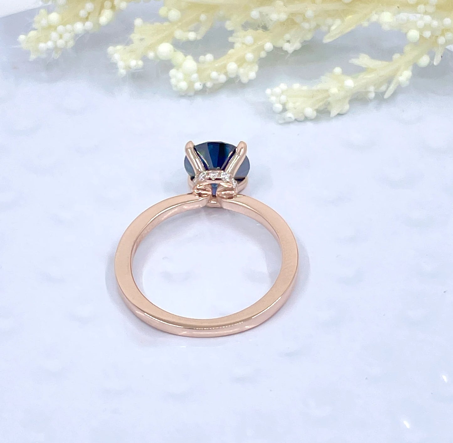 2 CT Round Cut Engagement Ring in 14k Rose Gold, Vivid Blue Moissanite Engagement Ring, Hidden Diamond Halo Solitaire Ring