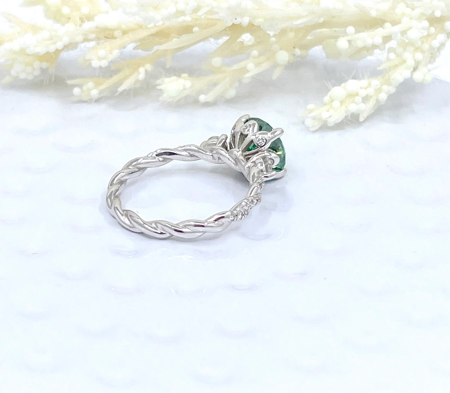 14k White Gold Round Cut Moissanite Engagement Ring, 1.25 CT or 2 CT Round Cut Green Moissanite Engagement Ring, Anniversary Ring