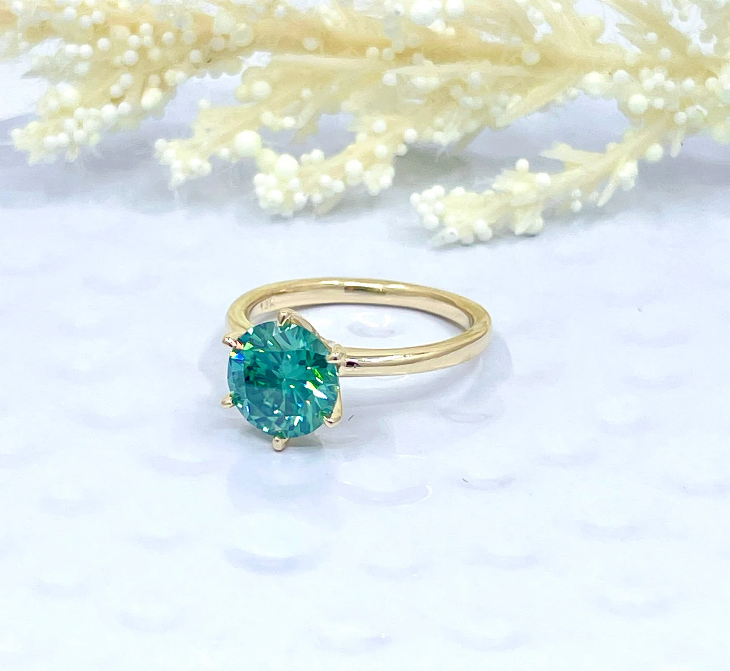 2 CT Round Cut Engagement Ring in 14k Yellow Gold, Green Moissanite Solitaire Ring, Round Moissanite Engagement Ring, Anniversary Ring