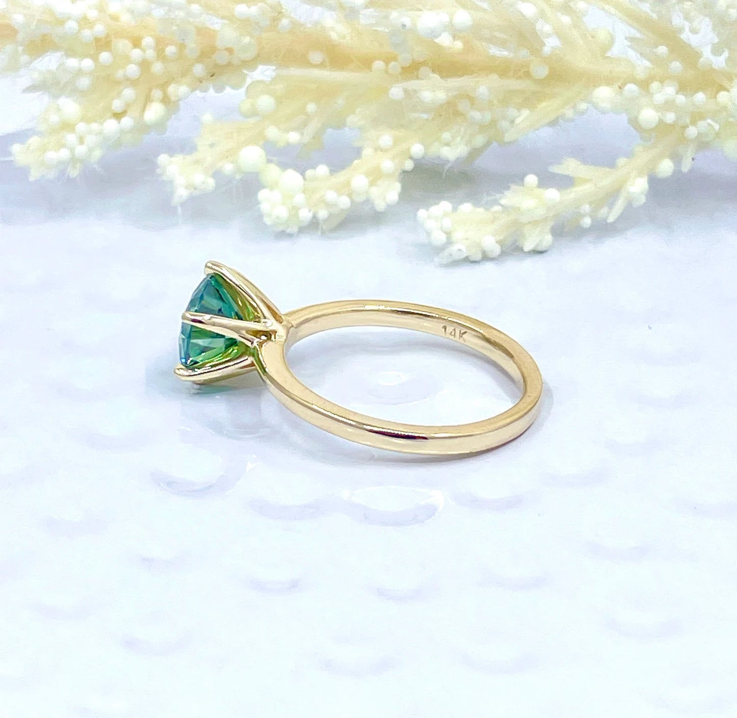 2 CT Round Cut Engagement Ring in 14k Yellow Gold, Green Moissanite Solitaire Ring, Round Moissanite Engagement Ring, Anniversary Ring