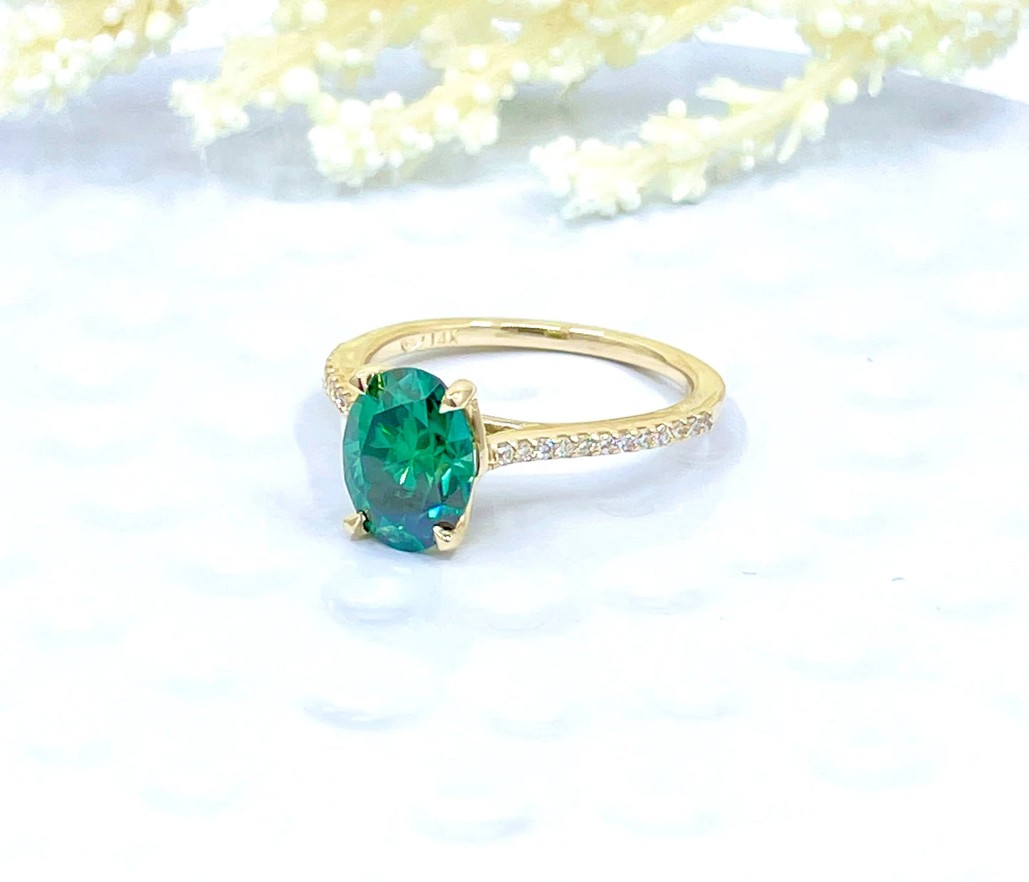 2 CT Oval Cut Engagement Ring 14k Yellow Gold, Green Moissanite Engagement Ring, Diamond Wedding Ring, Moissanite Anniversary Ring