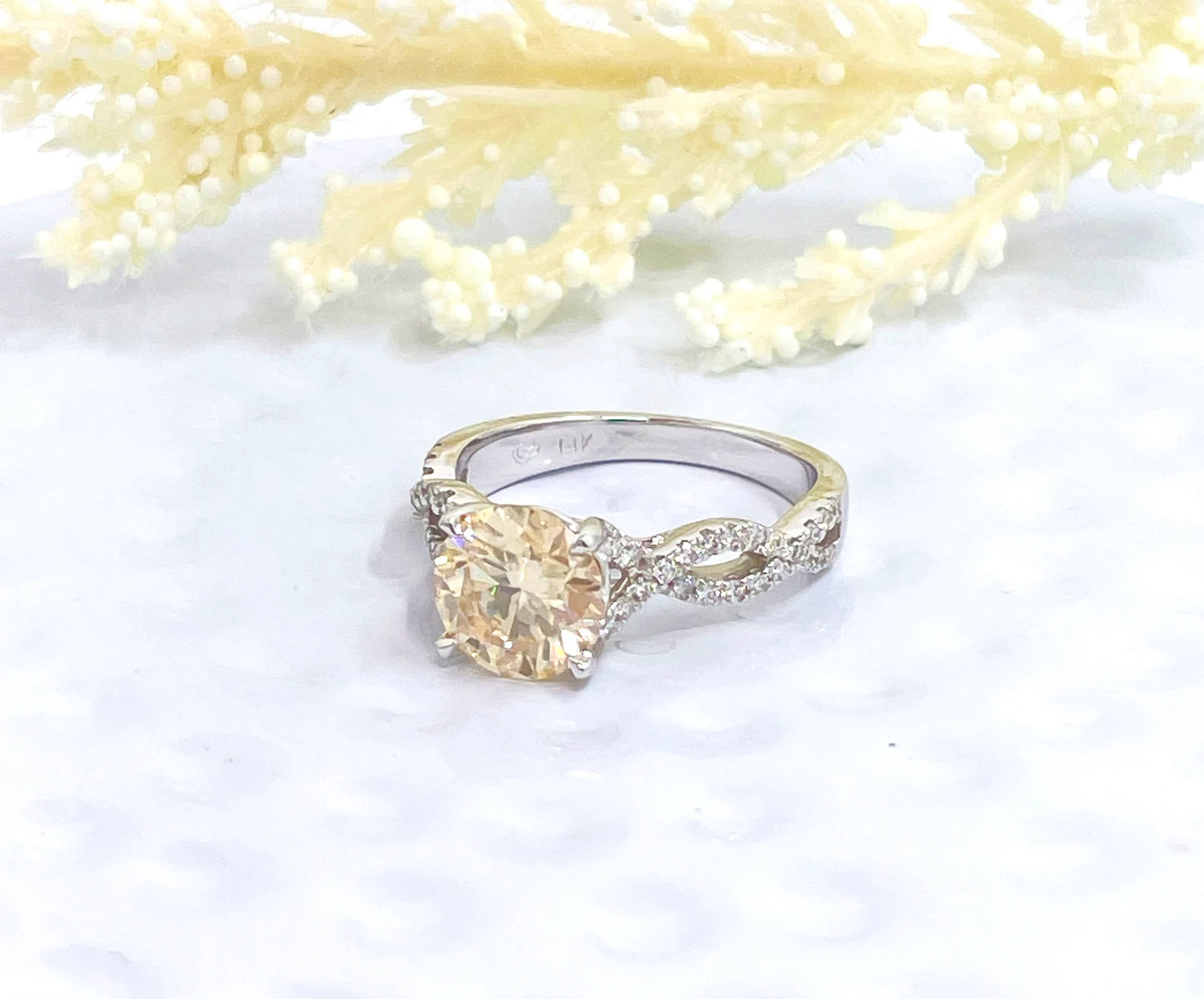 14k White Gold Engagement Ring, 2 CT Round Cut Moissanite Engagement Ring, Round Champagne Moissanite Ring, Moissanite Anniversary Ring