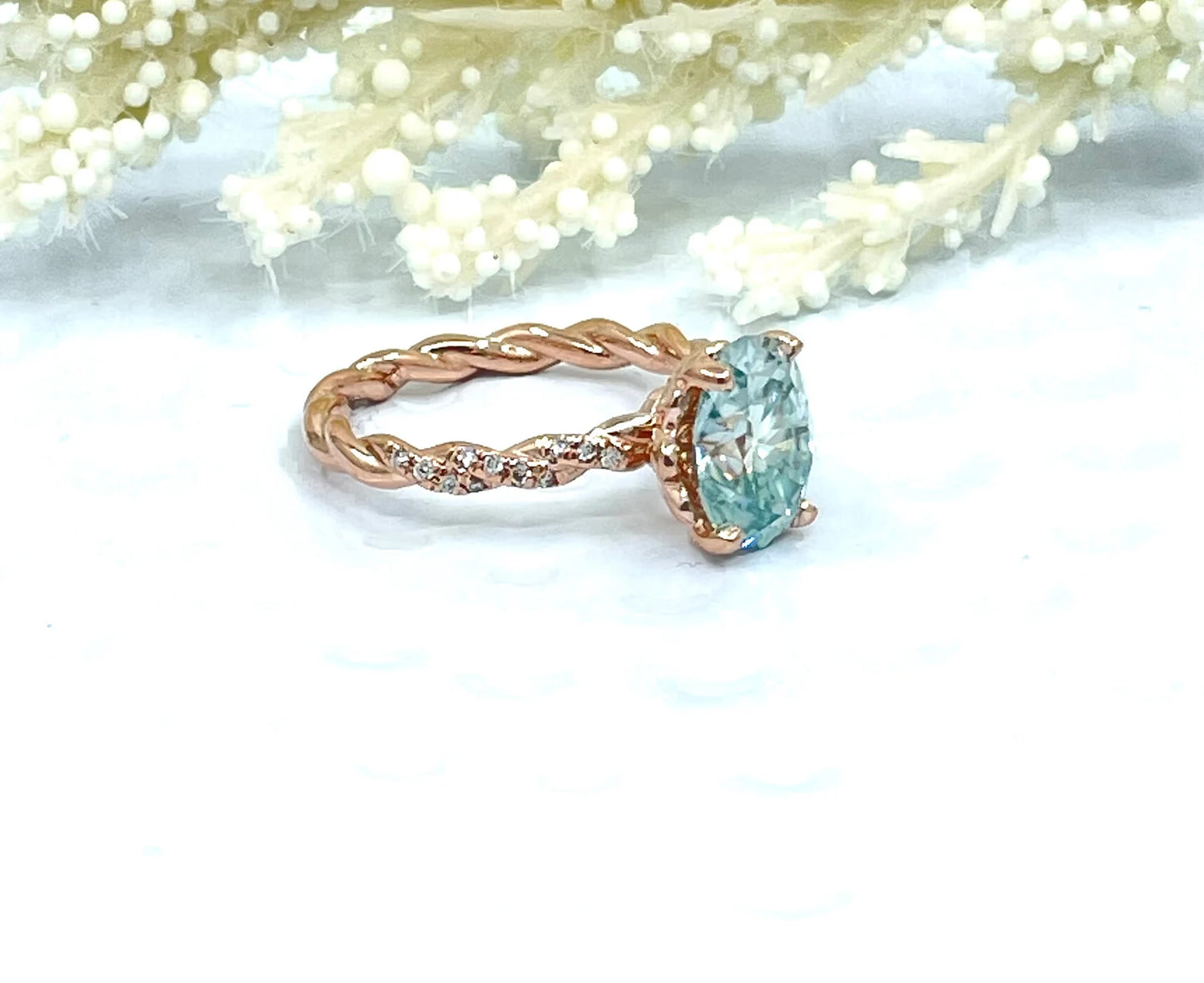 2cts or 3cts Oval Cut Moissanite Engagement Ring in 14k Rose Gold, Aqua Blue Moissanite Ring, Oval Cut Ring, Oval Cut Engagement Ring