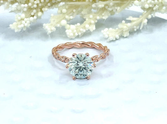 14k Rose Gold Round Cut Engagement Ring, 2 CT Round Aqua Blue Moissanite Wedding Ring, Diamond Anniversary Ring