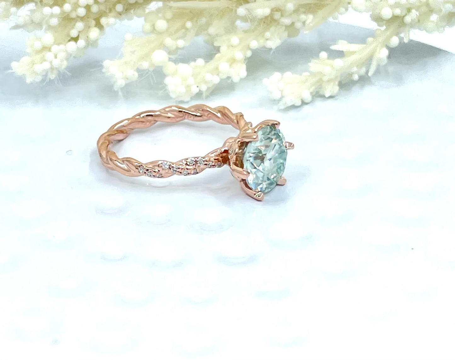 14k Rose Gold Round Cut Engagement Ring, 2 CT Round Aqua Blue Moissanite Wedding Ring, Diamond Anniversary Ring