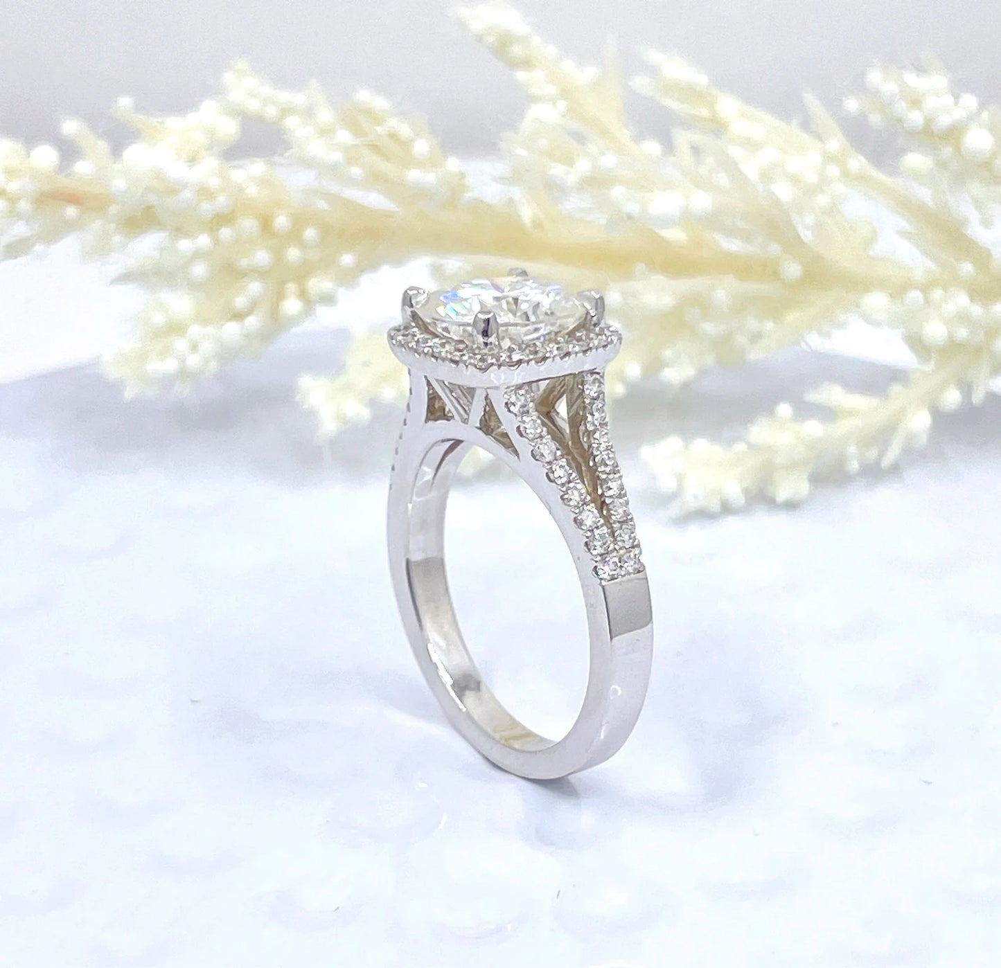 Cushion Engagement Ring 14k White Gold, Forever One Moissanite Ring, 2.50 CT Moissanite Engagement Ring, Diamond Wedding Ring