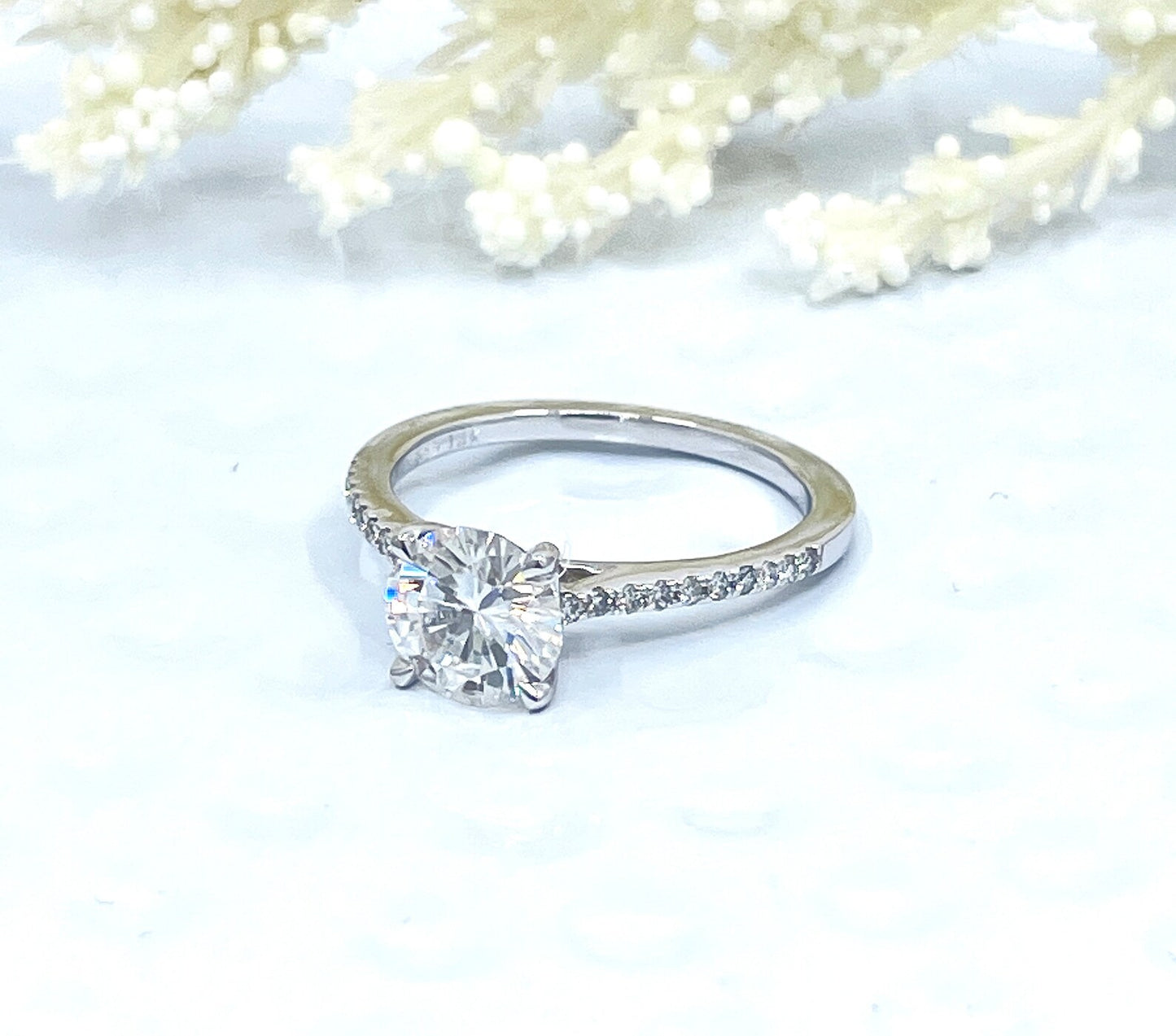 Round Cut Engagement Ring 14k White Gold, 1.25 CT Round Cut Forever One Moissanite Ring, Diamond Pave Engagement Ring, Diamond Wedding Ring