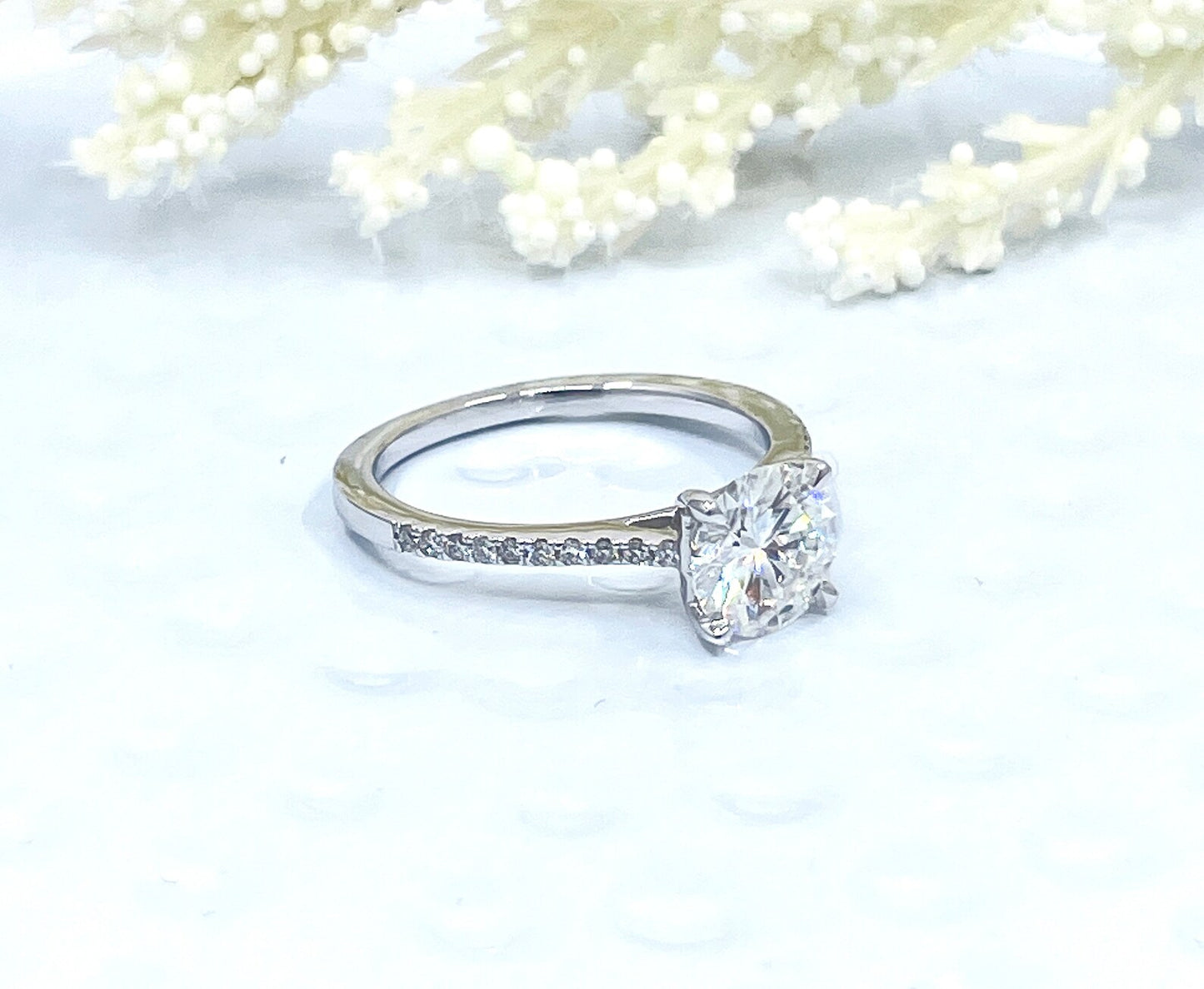 Round Cut Engagement Ring 14k White Gold, 1.25 CT Round Cut Forever One Moissanite Ring, Diamond Pave Engagement Ring, Diamond Wedding Ring