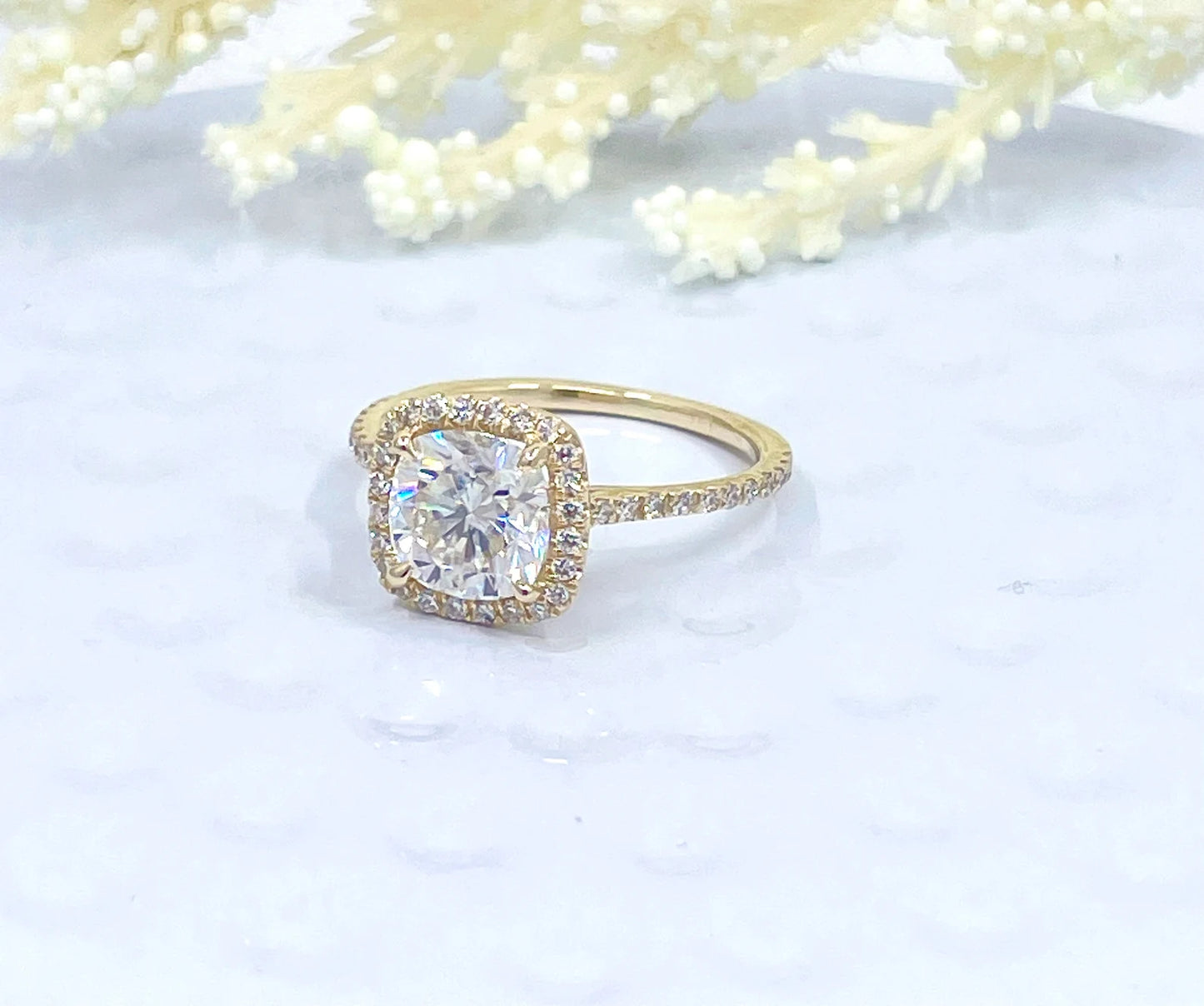 Cushion Cut Engagement Ring Solid 14k Yellow Gold, Cushion Engagement Ring, Forever One D-F Color Moissanite, Diamond Halo Engagement Ring