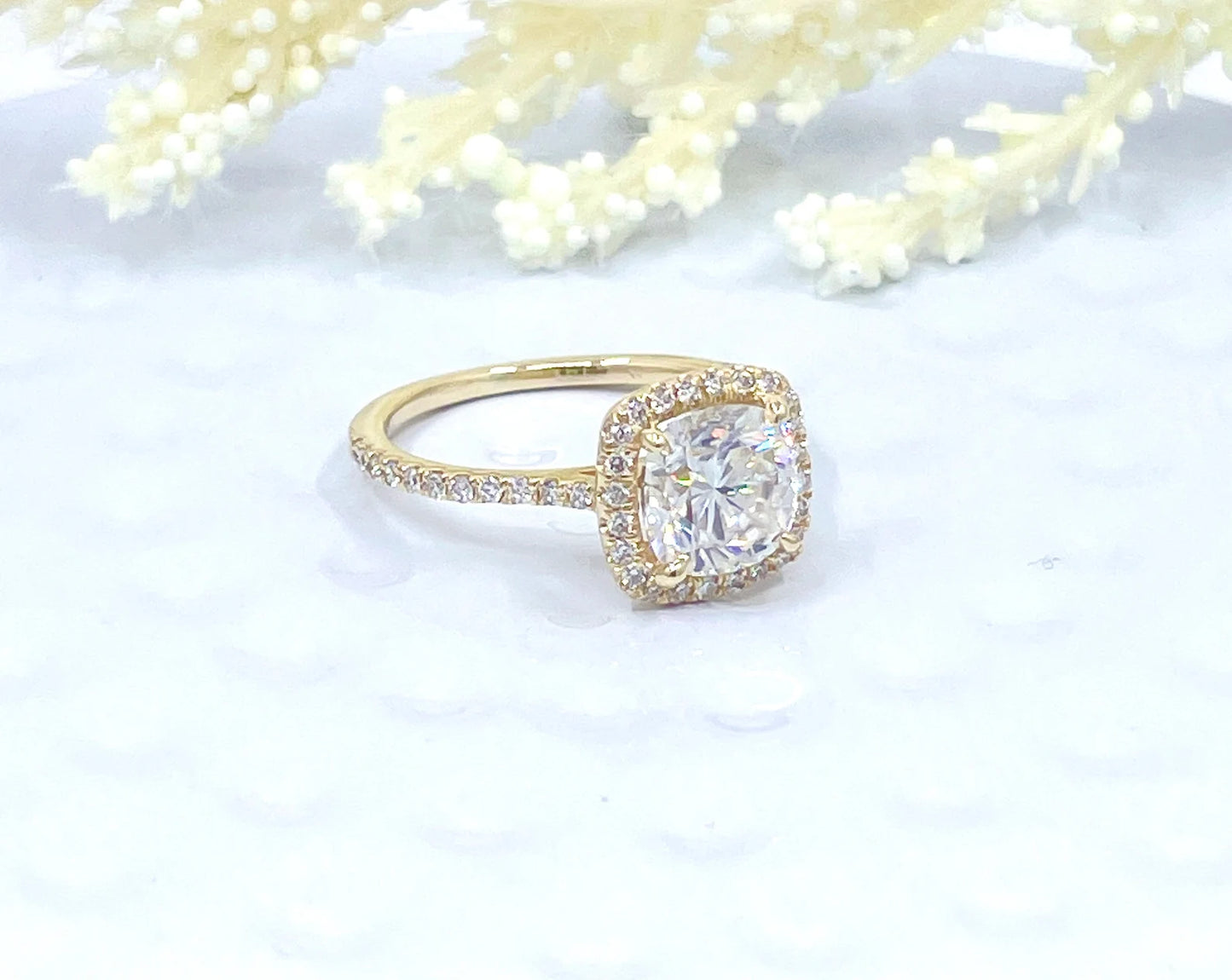 Cushion Cut Engagement Ring Solid 14k Yellow Gold, Cushion Engagement Ring, Forever One D-F Color Moissanite, Diamond Halo Engagement Ring