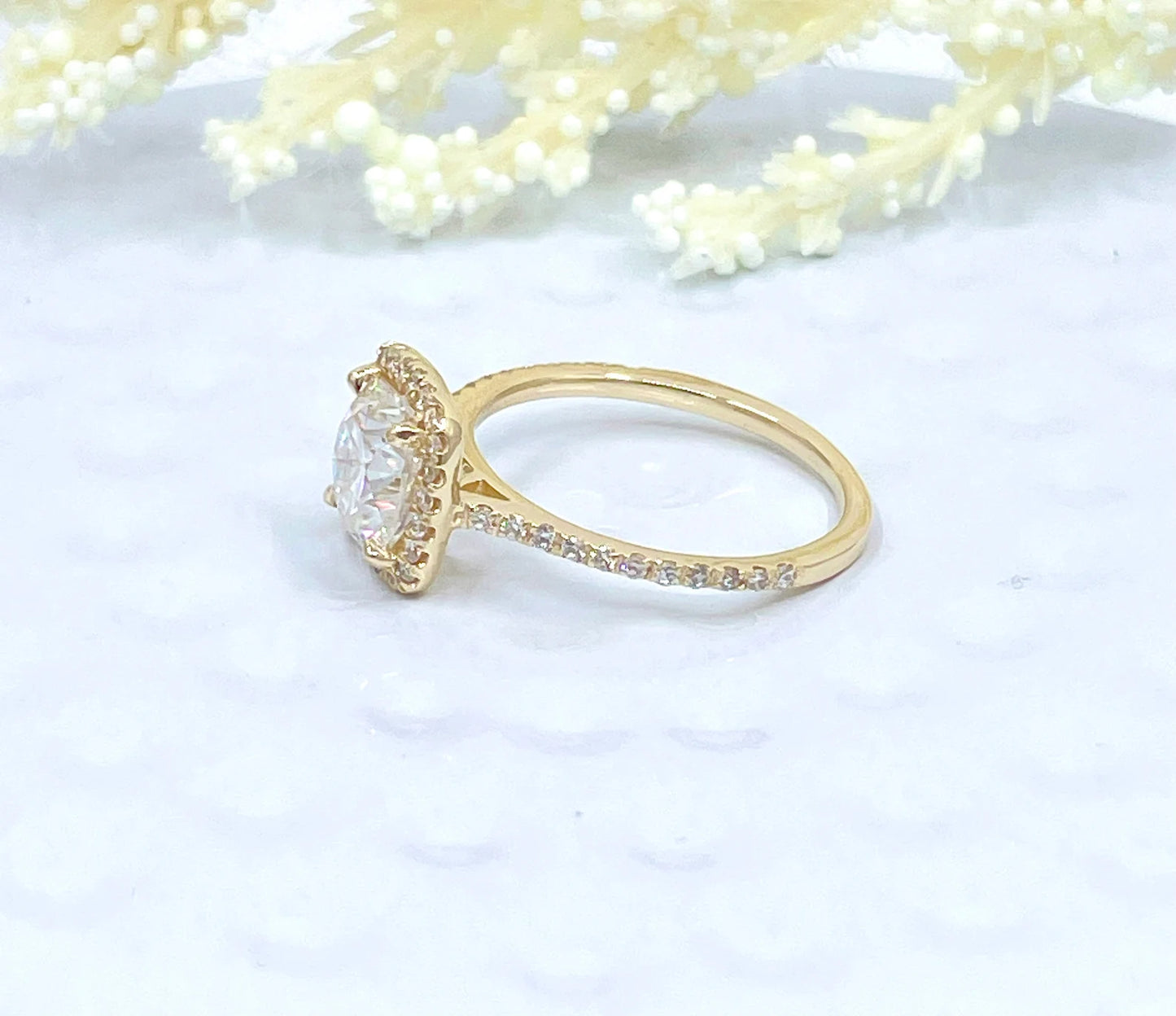 Cushion Cut Engagement Ring Solid 14k Yellow Gold, Cushion Engagement Ring, Forever One D-F Color Moissanite, Diamond Halo Engagement Ring