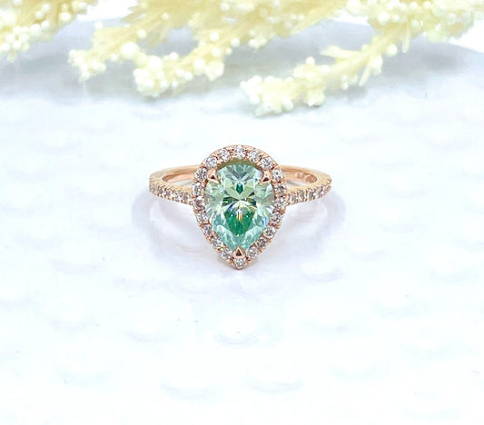 14k Rose Gold Aqua Blue Pear Moissanite Engagement Ring, Diamond Halo Engagement Ring, Pear Moissanite Ring, Anniversary Ring, Diamond Ring